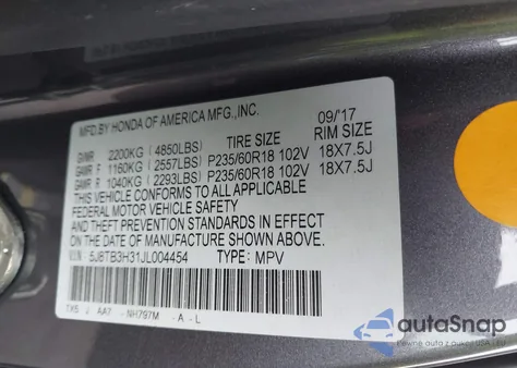 2018 Acura Rdx Acurawatch Plus Package from USA, damaged, VIN 5J8TB3H31JL004454